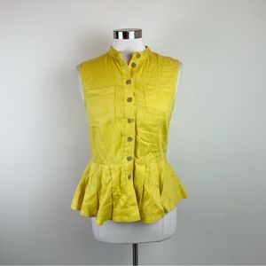 Sea New York Solid Yellow 100% Linen Button Front Blouse Top Women Size 6